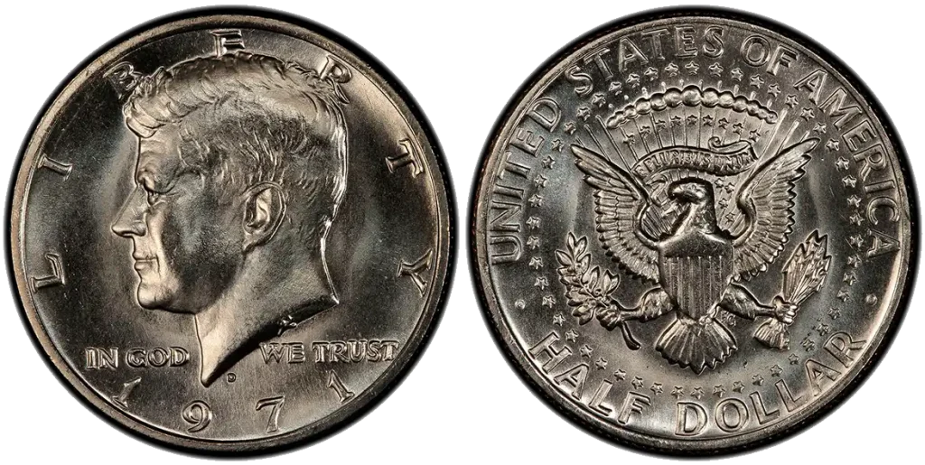 1971-D DDO half dollar example with doubling on the inscriptions and date.
