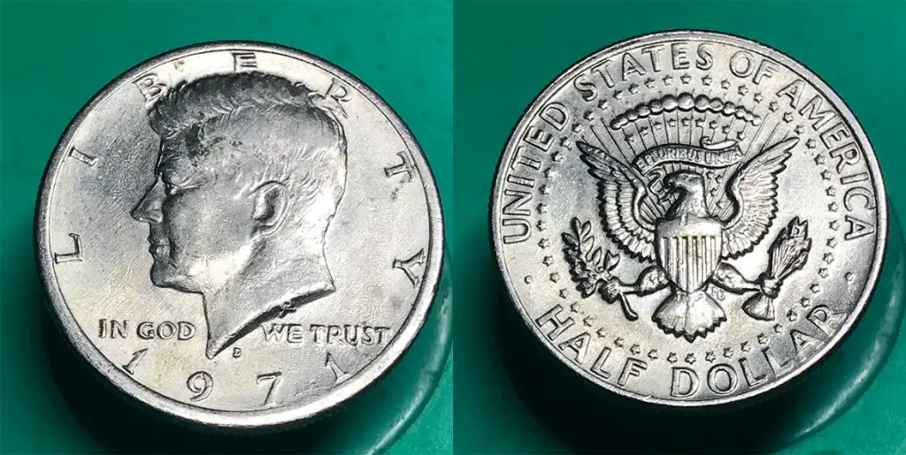 Error 1971 50-cent coin example with doubling on the portrait's ear.