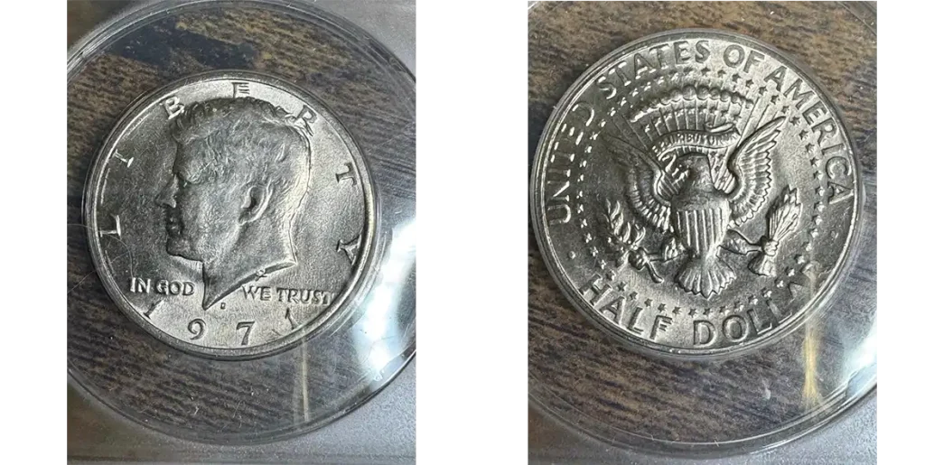 Example of error 1971 half dollar with no FG letters on the reverse of the coin.