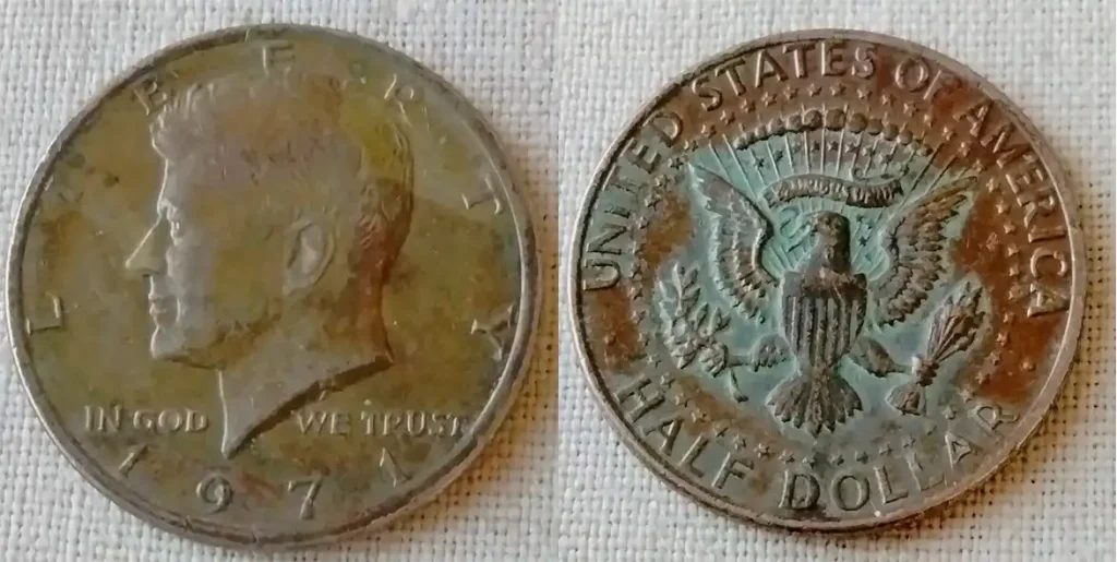 1971 Half dollar from Philadelphia with missing clad layer and signs of wear.