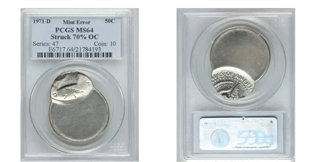Off-center strike 1971 Kennedy half dollar with 70% of displacement.