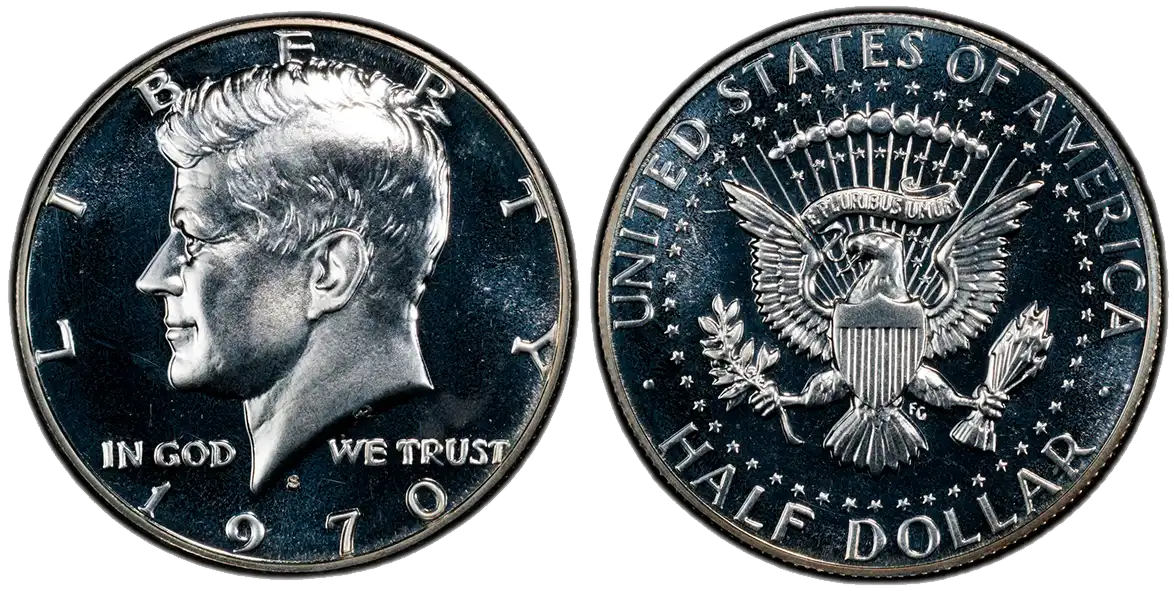 1970-S silver proof half dollar example which is more valuable and is often confused with 1971 S silver halves (that don't exist).