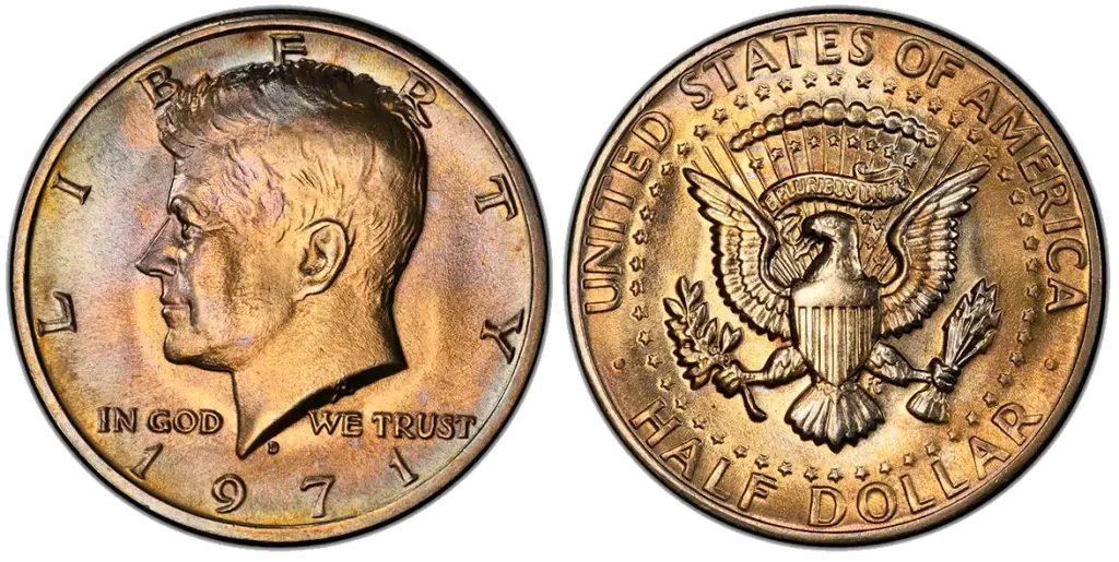 Obverse and reverse of the regular 1971 D Kennedy half dollar without minting errors.